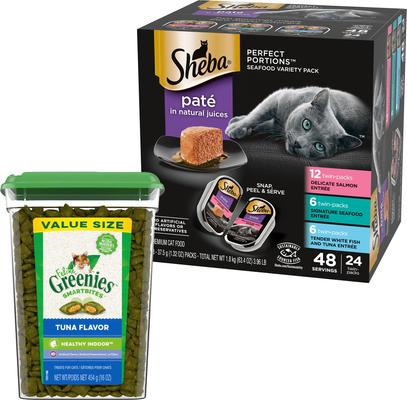 Show full view: Sheba Perfect Portions Seafood Pate Grain-Free Food Trays + Greenies Feline Greenies Smartbites Healthy Indoor Tuna Flavored Cat Treats slide 1 of 9