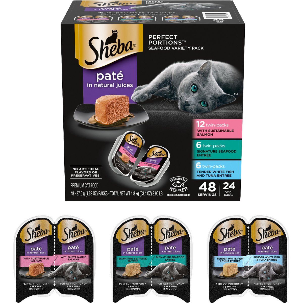 Sheba Perfect Portions Seafood Pate Variety Pack Grain-Free Adult Wet Cat Food Trays, 2.6-oz, case of 24