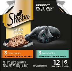 Sheba Perfect Portions Tuna & Roasted Chicken Entree Cuts in Gravy Variety Pack Adult Wet Cat Food Trays, 2.6-oz, case of 6
