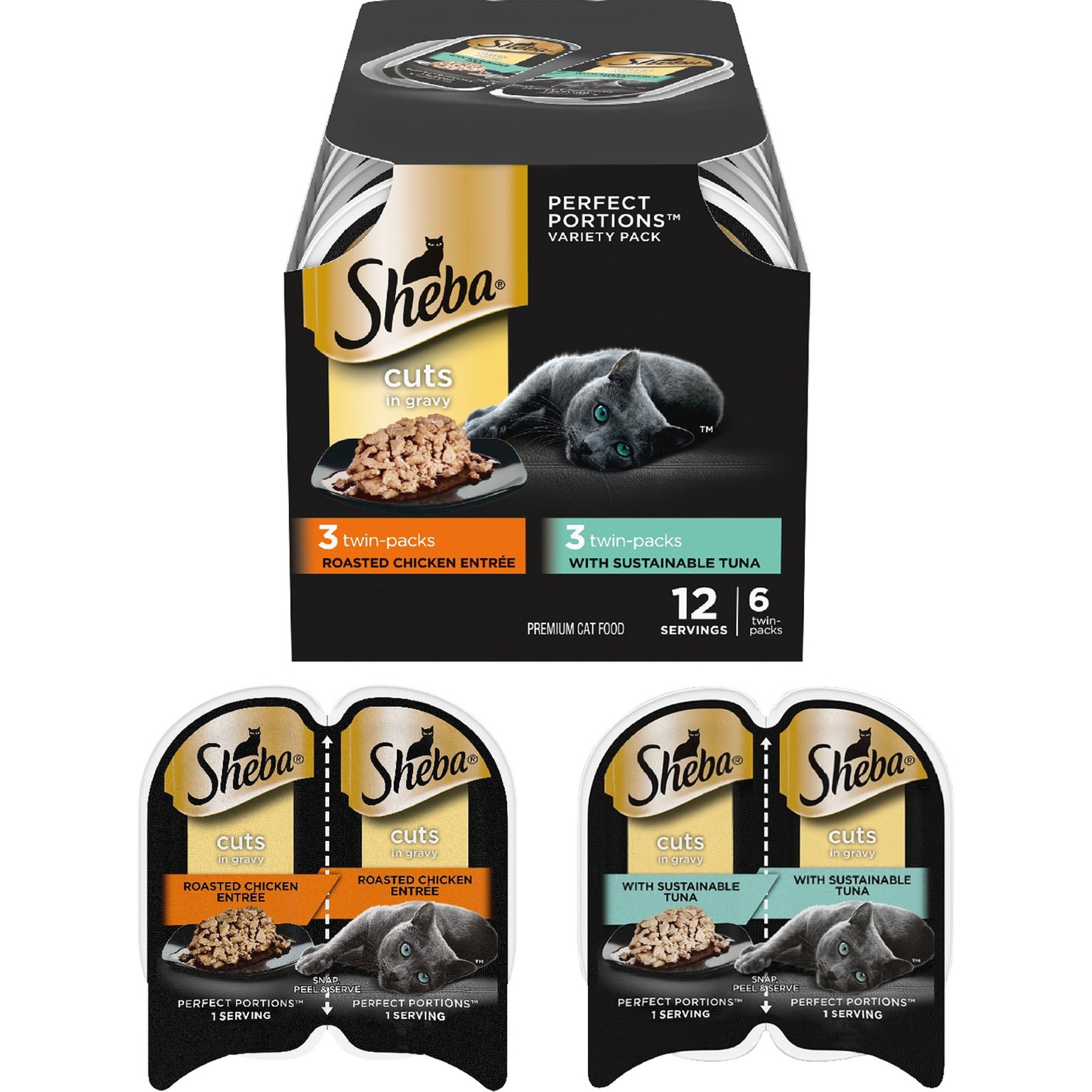Sheba Perfect Portions Tuna & Roasted Chicken Entree Cuts in Gravy Variety Pack Adult Wet Cat Food Trays, 2.6-oz tray, case of 6