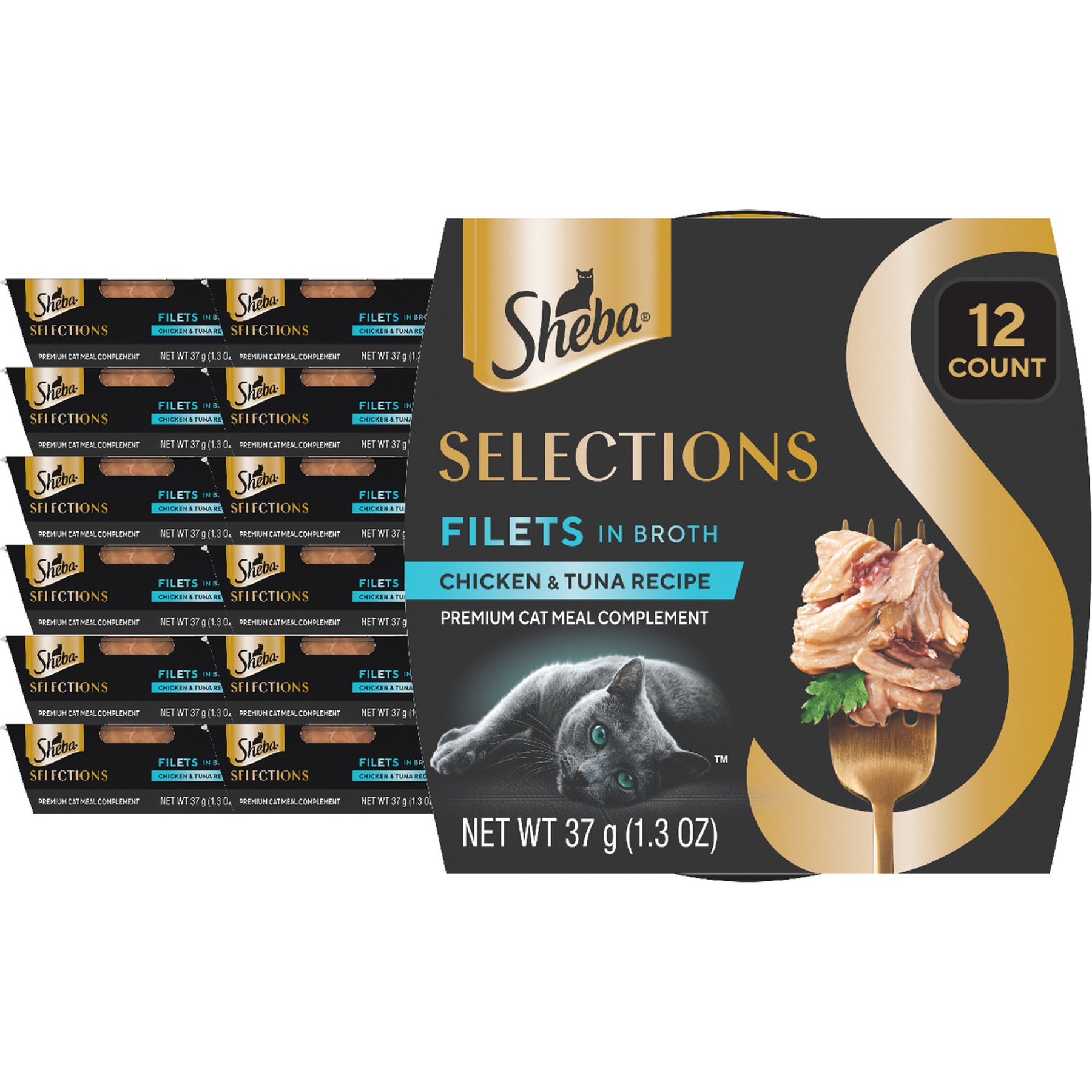 Sheba Selections Filets in Broth Chicken & Tuna Recipe Grain-Free Cat Meal Complement, 1.3-oz tray, case of 12