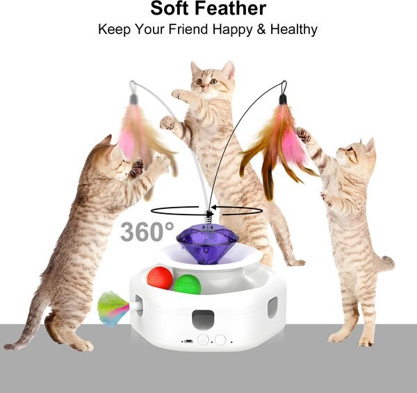 Shele Play Purrfect 4 in 1 Interactive Rotating Wand Cat Toy, White, Small