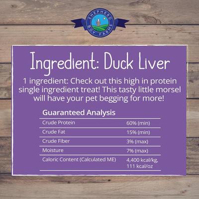 Show full view: Shepherd Boy Farms Duck Liver Freeze-Dried Dog & Cat Treats, 3-oz bag slide 7 of 8