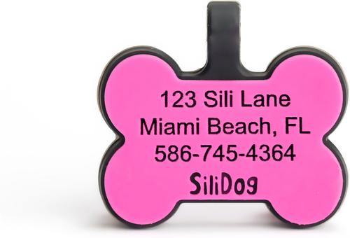 Show full view: SiliDog The Silent Dog Tag Silicone Bone Personalized Dog ID Tag, Pink slide 3 of 4