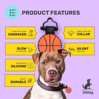 Show full view: SiliDog The Silent Pet Tag Silicone Basketball Personalized Dog & Cat ID Tag, Orange slide 4 of 6