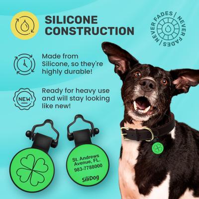 Show full view: SiliDog The Silent Pet Tag Silicone Shamrock Personalized Dog & Cat ID Tag, Green slide 5 of 6
