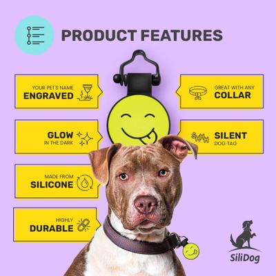Show full view: SiliDog The Silent Pet Tag Silicone Silly Face Personalized Dog & Cat ID Tag, Yellow slide 5 of 7