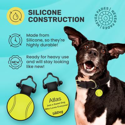 Show full view: SiliDog The Silent Pet Tag Silicone Tennis Ball Personalized Dog & Cat ID Tag, Yellow slide 5 of 6