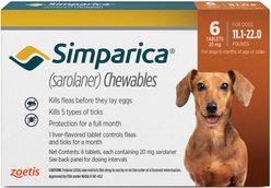 Simparica Chewable Tablet for Dogs, 11.1-22 lbs, (Orange Box), 6 Chewable Tablets (6-mos. supply)