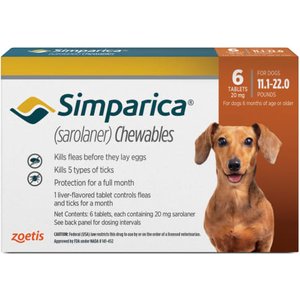 Simparica Chewable Tablet for Dogs, 11.1-22 lbs, (Orange Box), 6 Chewable Tablets (6-mos. supply)