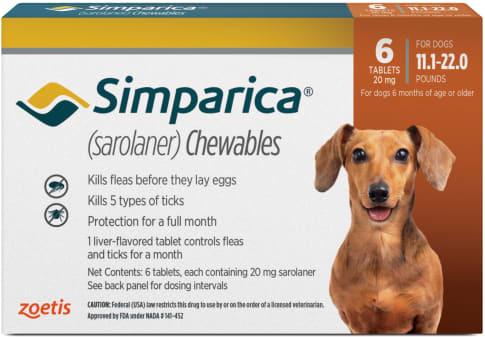 Show full view: Simparica Chewable Tablet for Dogs, 11.1-22 lbs, (Orange Box), 6 Chewable Tablets (6-mos. supply) slide 1 of 10