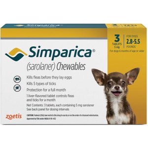 Simparica Chewable Tablet for Dogs, 2.8-5.5 lbs, (Yellow Box), 3 Chewable Tablets (3-mos. supply)