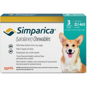 Simparica Chewable Tablet for Dogs, 22.1-44 lbs, (Mint Box), 3 Chewable Tablets (3-mos. supply)