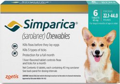 Simparica Chewable Tablet for Dogs, 22.1-44 lbs, (Mint Box), 6 Chewable Tablets (6-mos. supply)