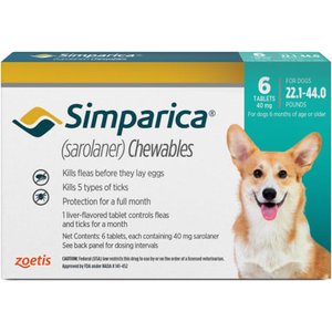 Simparica Chewable Tablet for Dogs, 22.1-44 lbs, (Mint Box), 6 Chewable Tablets (6-mos. supply)