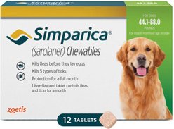 Simparica Chewable Tablet for Dogs, 44.1-88 lbs, (Green Box), 12 Chewable Tablets (12-mos. supply)