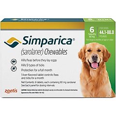 Simparica Chewable Tablet for Dogs, 44.1-88 lbs, (Green Box), 6 Chewable Tablets (6-mos. supply)