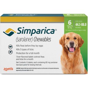 Simparica Chewable Tablet for Dogs, 44.1-88 lbs, (Green Box), 6 Chewable Tablets (6-mos. supply)