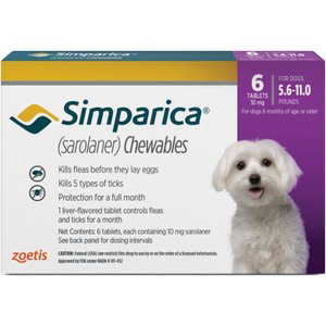 Simparica Chewable Tablet for Dogs, 5.6-11 lbs, (Purple Box), 6 Chewable Tablets (6-mos. supply)