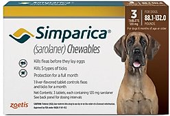 Simparica Chewable Tablet for Dogs, 88.1-132 lbs, (Brown Box), 3 Chewable Tablets (3-mos. supply)