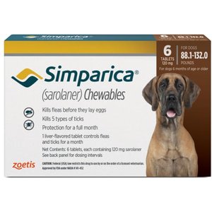 Simparica Chewable Tablet for Dogs, 88.1-132 lbs, (Brown Box), 6 Chewable Tablets (6-mos. supply)