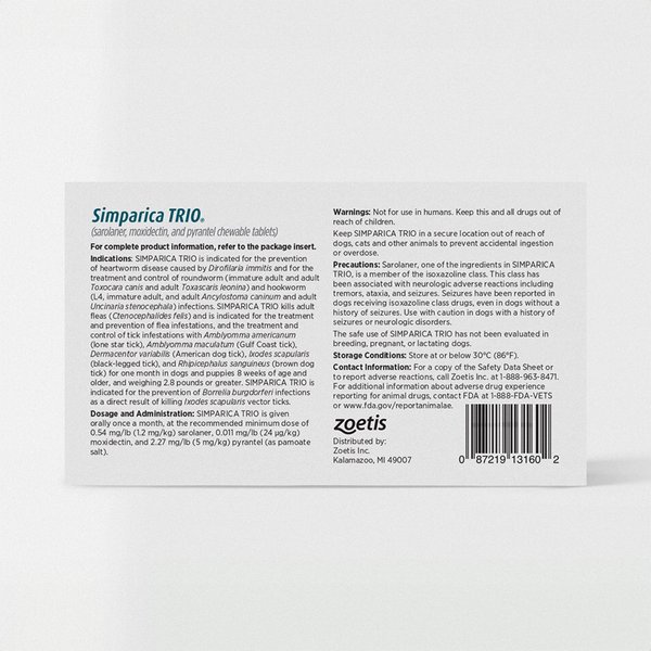 SIMPARICA TRIO Chewable Tablet for Dogs, 22.1-44.0 lbs, (Teal Box ...