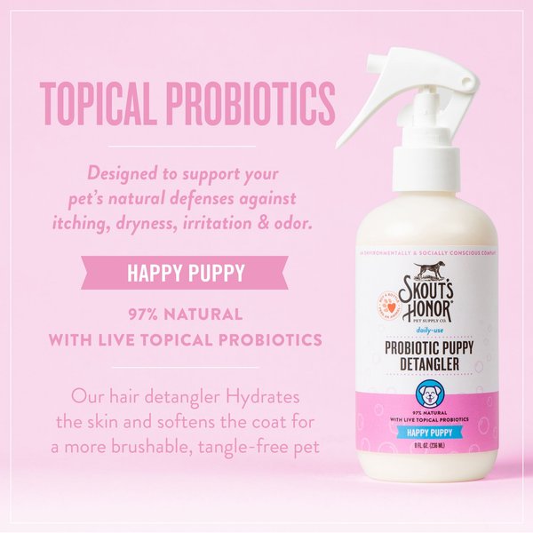 Show full view: Skout's Honor Happy Puppy Probiotic Daily Use Cat & Dog Hair Detangler, 8-fl oz bottle slide 4 of 9
