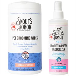 Skout's Honor Happy Puppy Probiotic Deodorizing Spray, 8-oz Bottle + Dog, Cat & Small Pet Grooming Wipes, 80 count