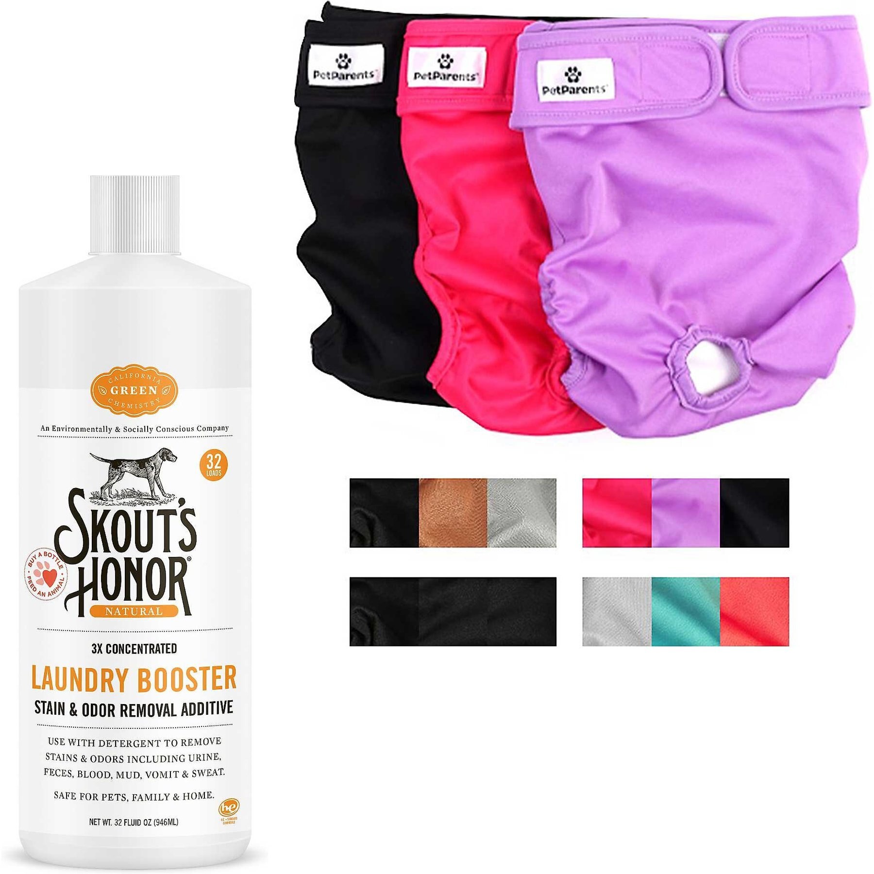 Skout's Honor Laundry Booster Stain & Odor Removal Additive + Pet Parents Washable Male & Female Dog Diapers, Princess, Large: 19 to 27-in waist, 3 count