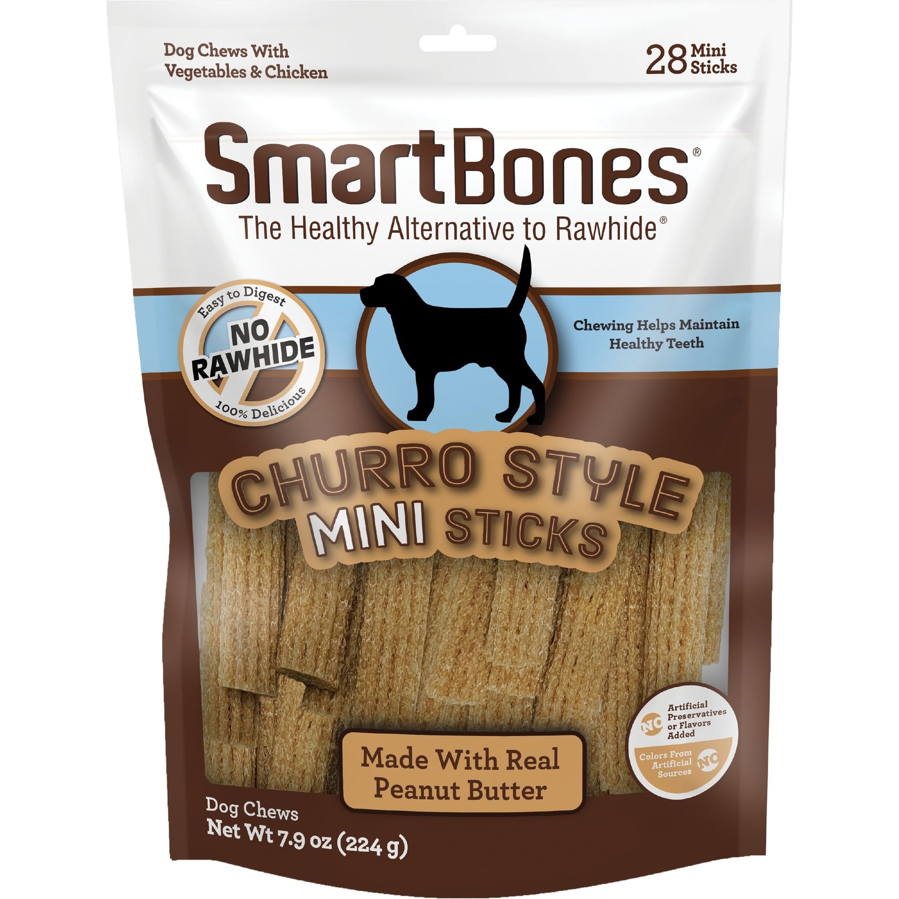 SmartBones Churro-Style Mini Sticks Real Peanut Butter Hard Dog Chew Treats, 28 count