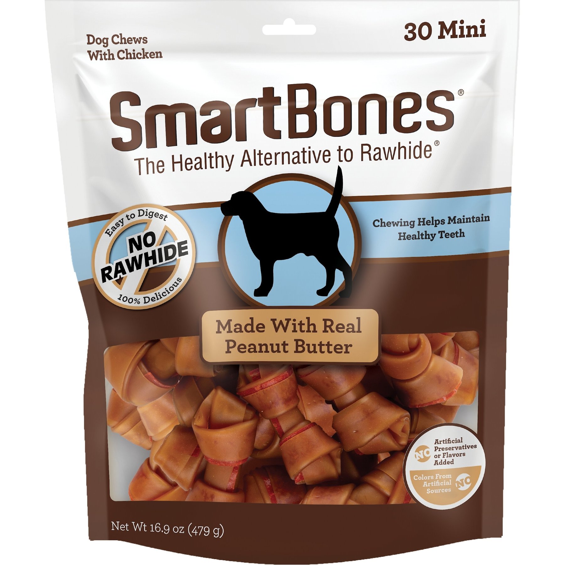 SmartBones Mini Real Peanut Butter Hard Dog Chew Bones, 30 count