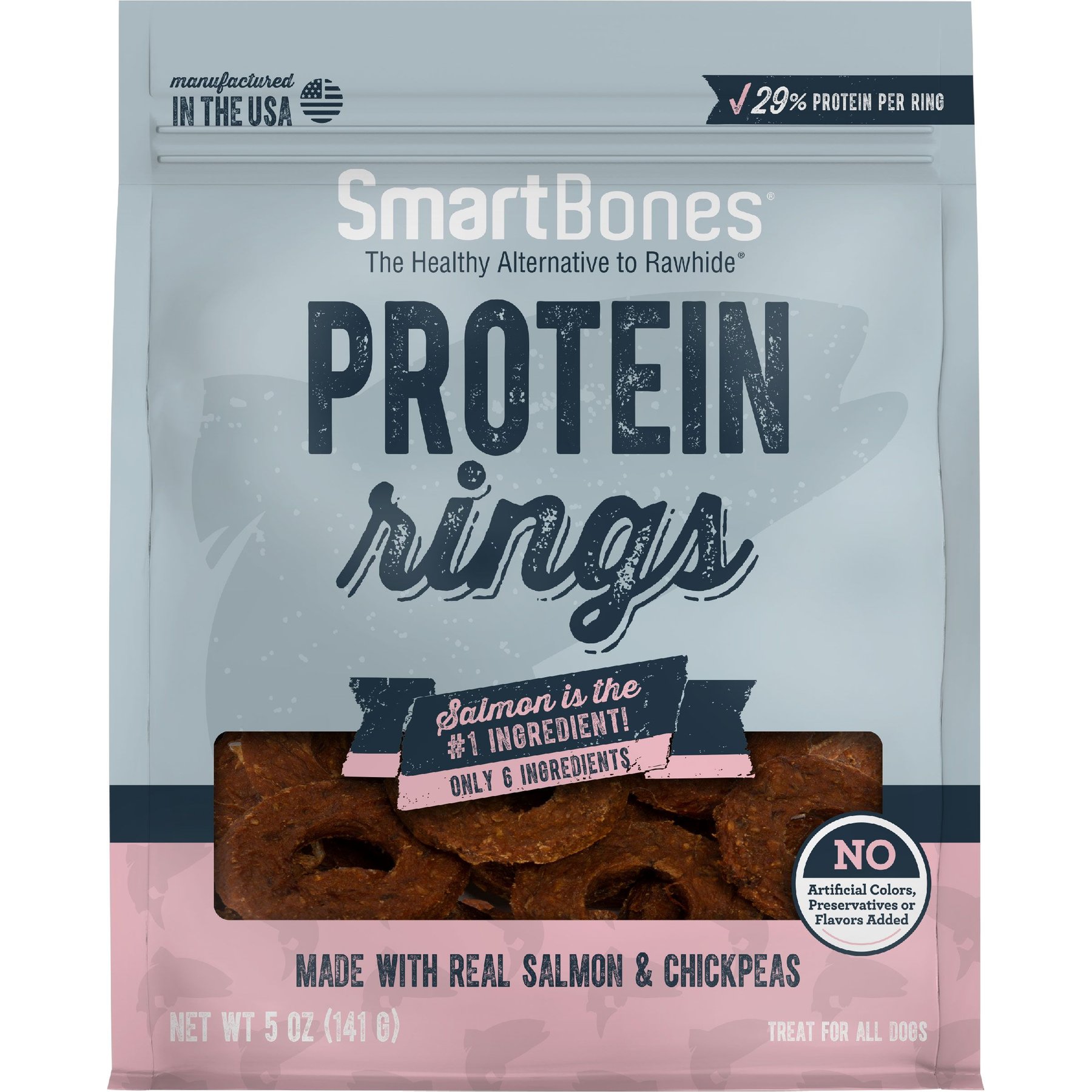 SmartBones Protein Rings Rawhide Free Real Salmon & Chickpeas Soft & Chewy Dog Treats, 5-oz bag