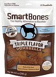 SmartBones Triple Flavor Dumbbells Real Peanut Butter, Chicken & Beef Dog Treats, 10 count