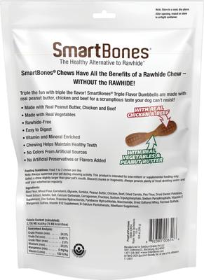 Show full view: SmartBones Triple Flavor Dumbbells Real Peanut Butter, Chicken & Beef Dog Treats, 10 count slide 3 of 7
