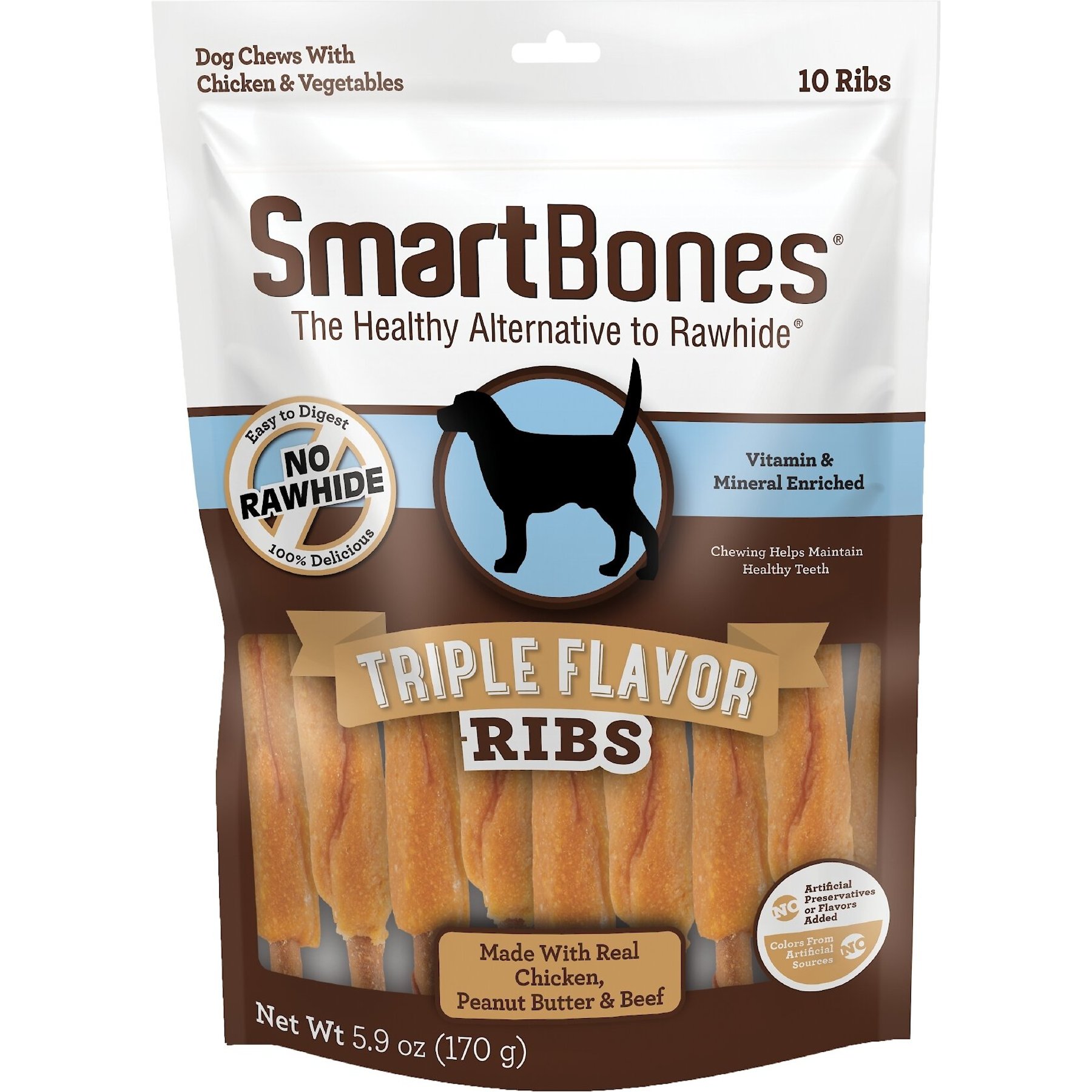 SmartBones Triple Flavor Ribs Real Chicken, Peanut Butter & Beef Hard Dog Chew Treats, 10 count