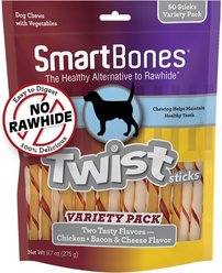 SmartBones Twist Sticks Variety Pack Real Chicken, Bacon & Cheese Flavor Dog Treats, 50 count