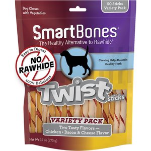 SmartBones Twist Sticks Variety Pack Real Chicken, Bacon & Cheese Flavor Dog Treats, 50 count