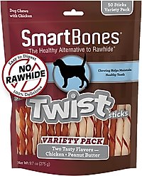 SmartBones Twist Sticks Variety Pack Real Chicken & Peanut Butter Flavor Dog Treats, 50 count