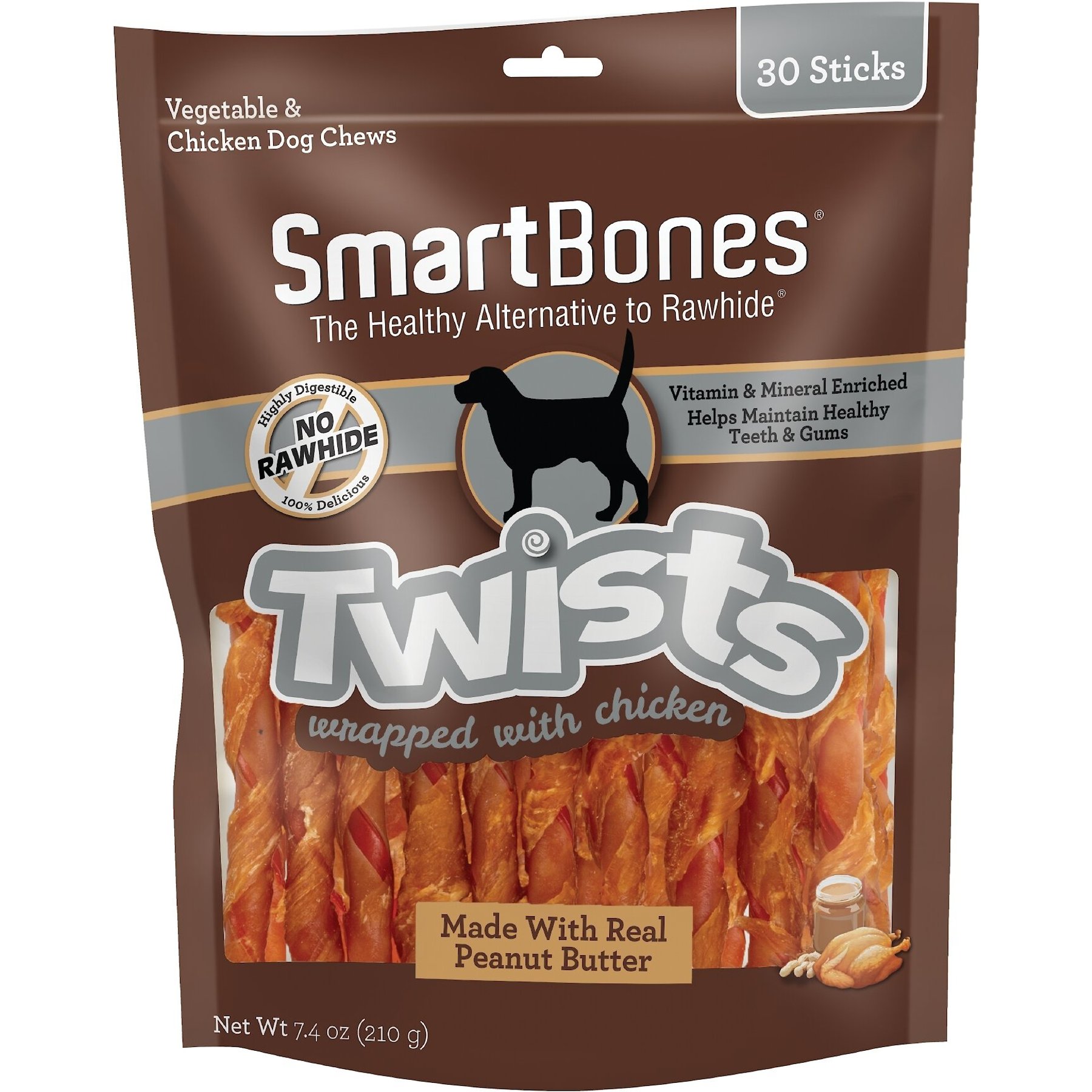 SmartBones Chicken Wrapped Twists Real Peanut Butter Hard Dog Chew Treats, 30 count