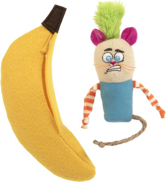 SmartyKat Playful Peeker Mouse & Banana Cat Toy, Yellow, Medium, 2 count