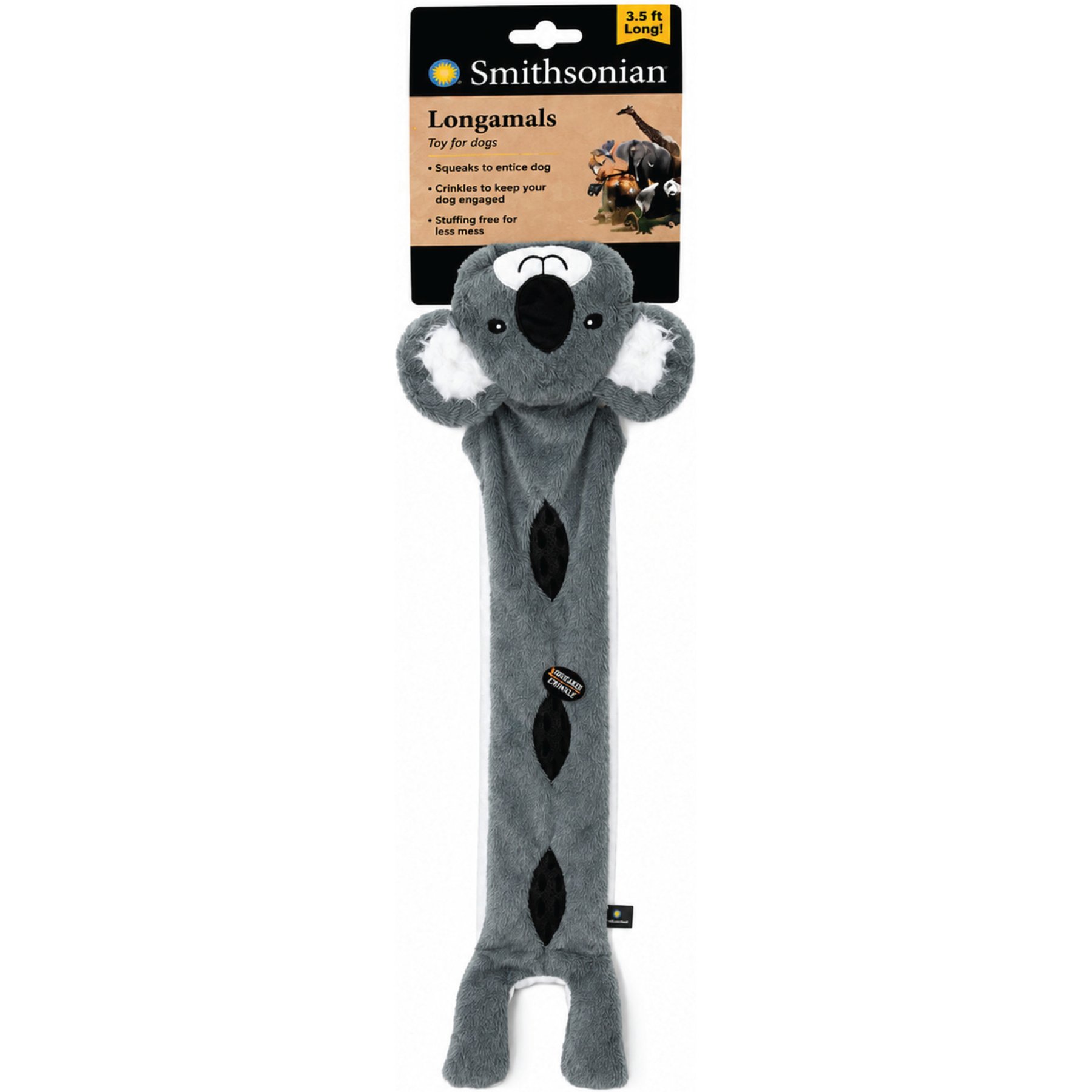 Smithsonian Long Animals TPR Dental Chew Zone Interactive Koala Squeaky Stuffing Free Plush Dog Toy with Crinkle Sounds, Large