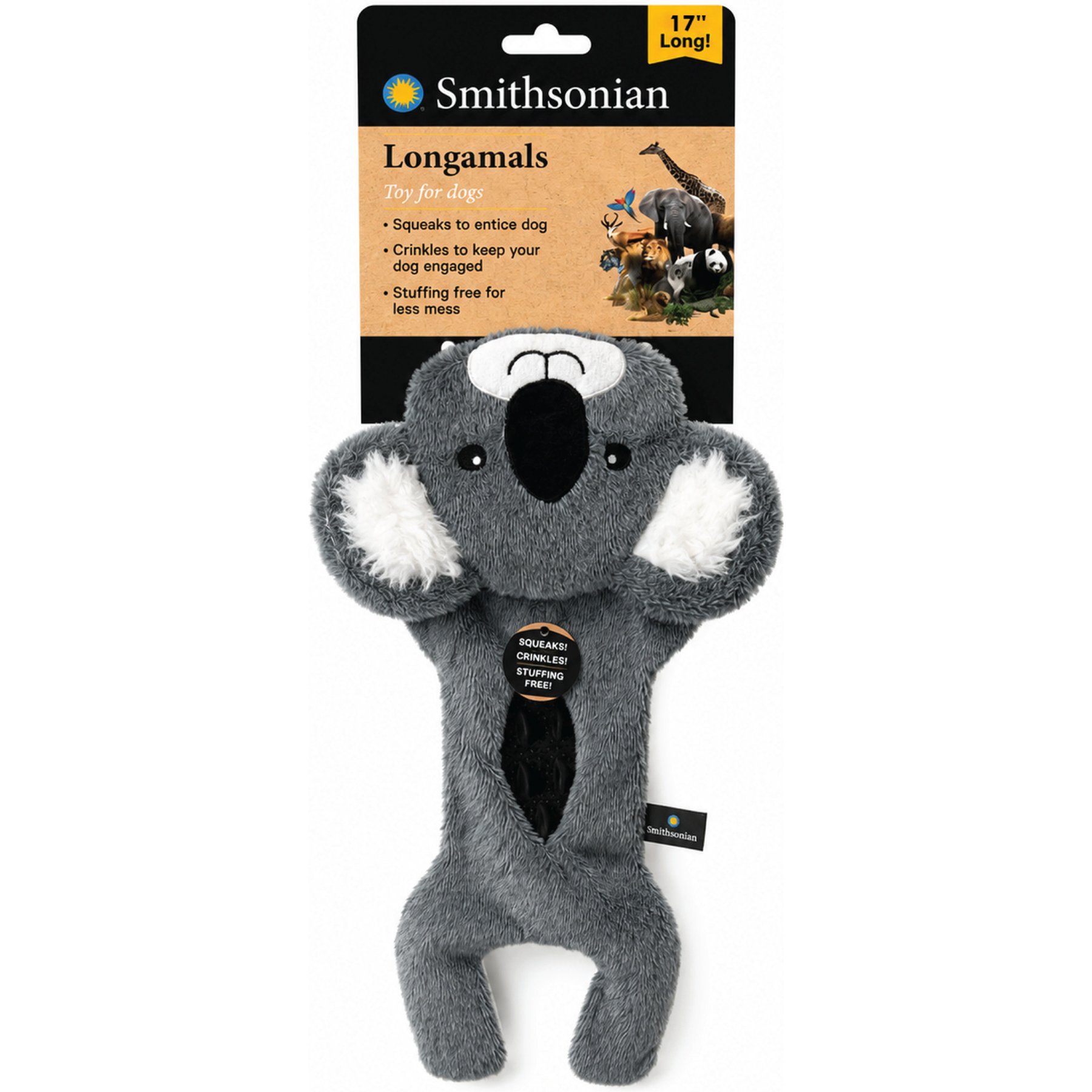 Smithsonian Long Animals TPR Dental Chew Zone Interactive Koala Squeaky Stuffing Free Plush Dog Toy with Crinkle Sounds, Small