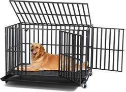 SMONTER Heavy Duty Metal 3-Door Hard Sided Dog Crate, Black/Dark Silver, X-Large: 48 inch
