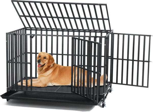Show full view: SMONTER Heavy Duty Metal 3-Door Hard Sided Dog Crate, Black/Dark Silver, X-Large: 48 inch slide 1 of 8
