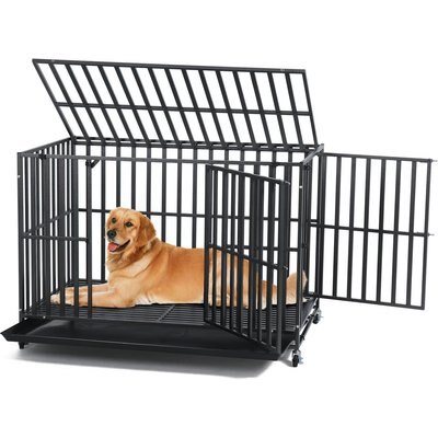 SMONTER SMONTER Heavy Duty Metal 3-Door Hard Sided Dog Crate, Black/Dark Silver, X-Large: 48 inch