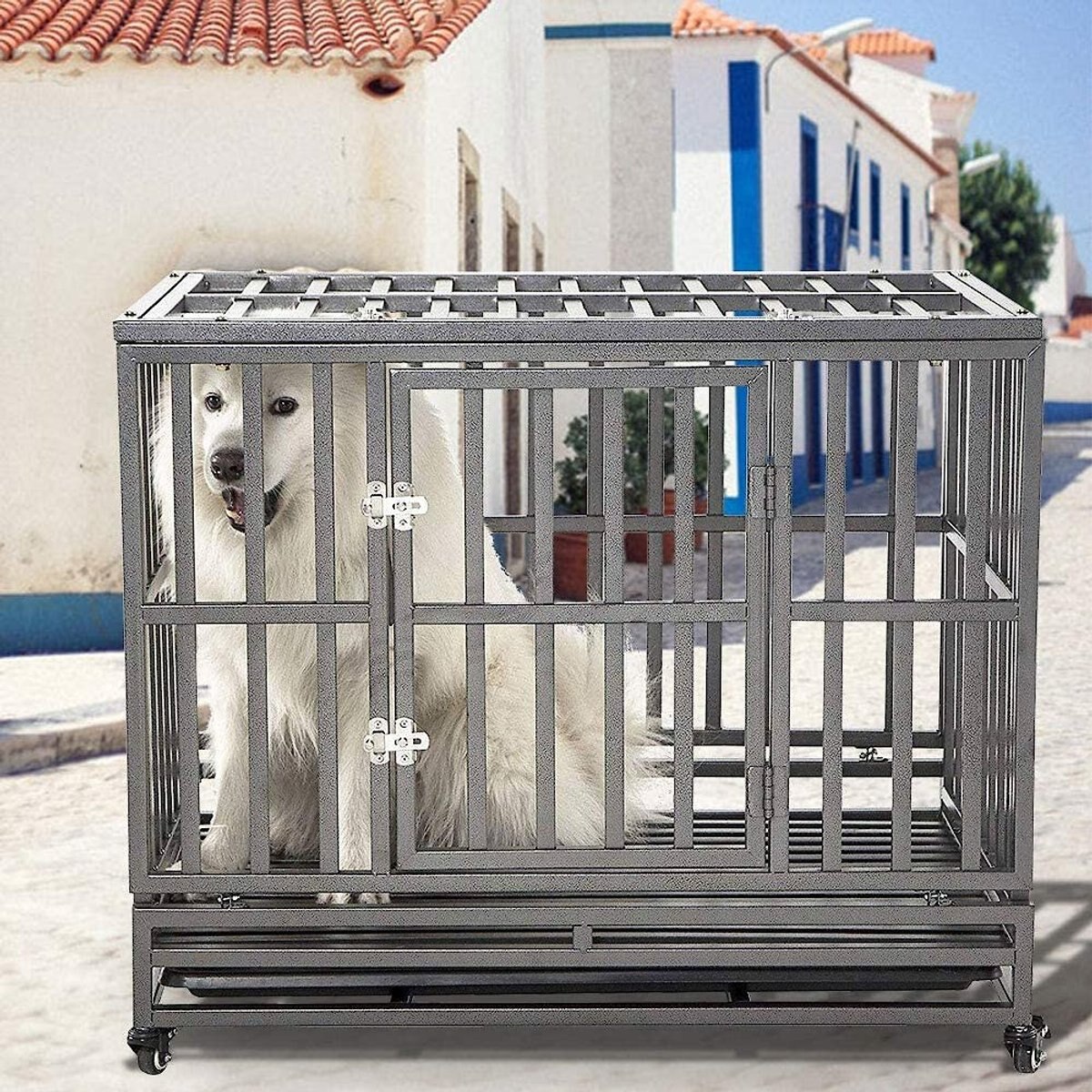 SMONTER Heavy Duty Strong Metal I Shape Dog Crate, Dark Silver, 38-in