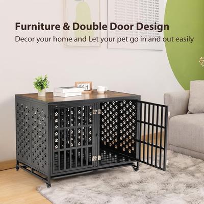 Show full view: SMONTER Heavy Duty Wooden Modern Indoor End Table Two Dog Crate with Divider, Rustic Brown, Large, 44-in slide 6 of 7