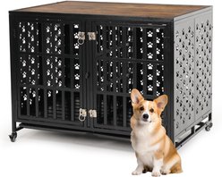 SMONTER Heavy Duty Wooden Modern Indoor End Table Two Dog Crate with Divider, Rustic Brown, Medium, 38-in