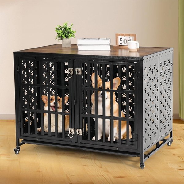 SMONTER Heavy Duty Wooden Modern Indoor End Table Two Dog Crate with Divider, Rustic Brown