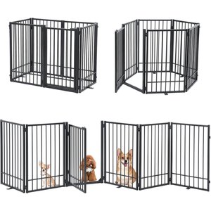 SMONTER Metal Freestanding Dog Gate with Door, Black, 6 Panels, 120.6-in W x 31.5-in H